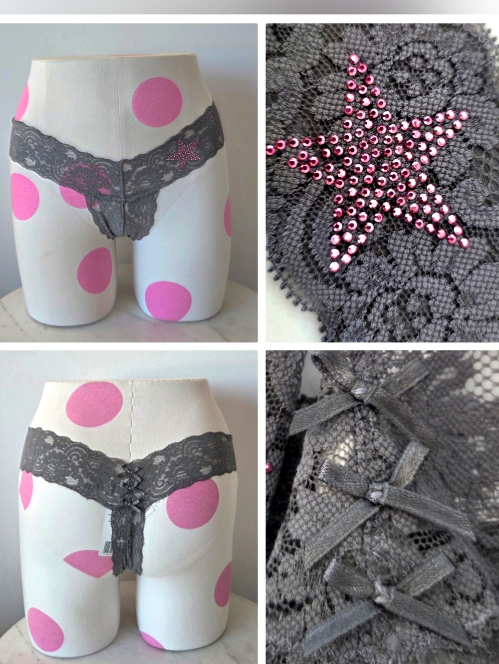 Forever 21 Lace Rhinestone Star Thong Tanga Panty NWT Bows Sparkle